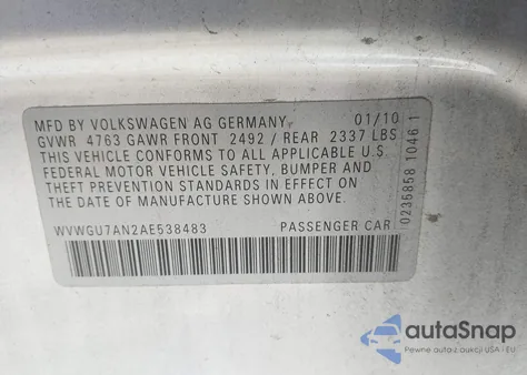 2010 Volkswagen Cc Vr6 from USA, damaged, VIN WVWGU7AN2AE538483